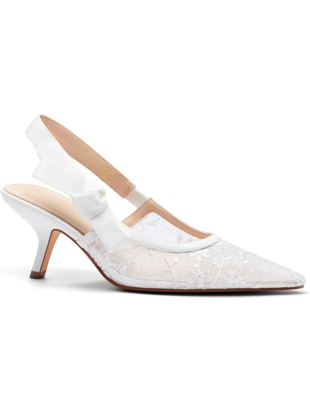 Women's Slingback Kitten Heels Lace White Closed Pointed Toe Bowknot Slip On